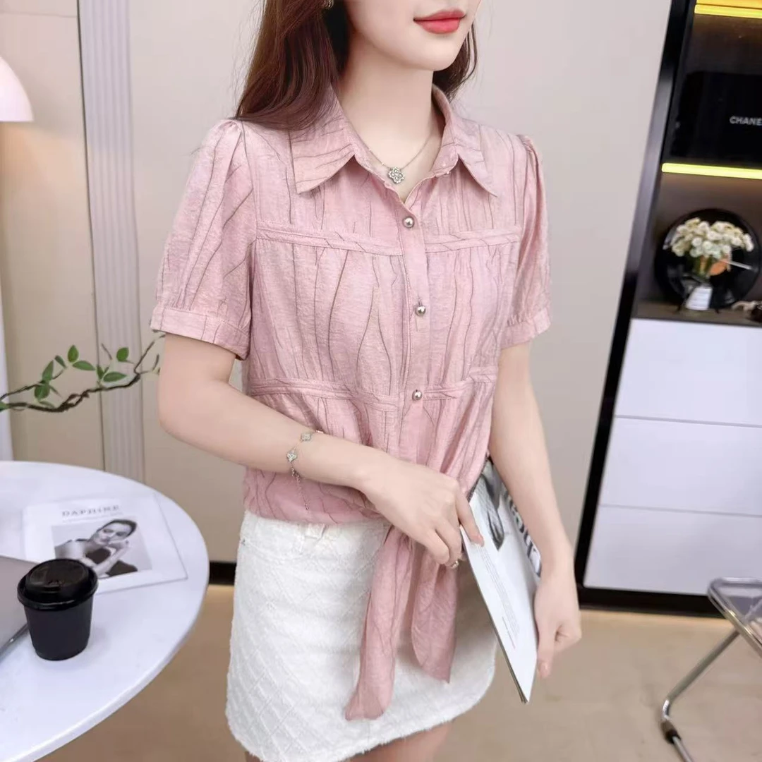 新款翻领设计感绑带【短袖】衬衫洋气宽松遮肉百搭减龄外穿上衣女