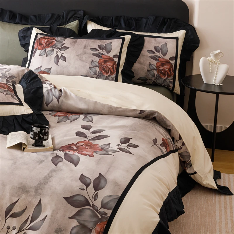 法式复古A类超柔磨毛床上四件套花卉印花裸睡被套四季通用床品