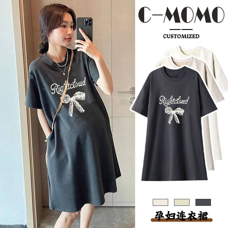 大码孕妇连衣裙夏季薄款宽松遮肚T恤裙时尚印花短袖外穿长款裙子