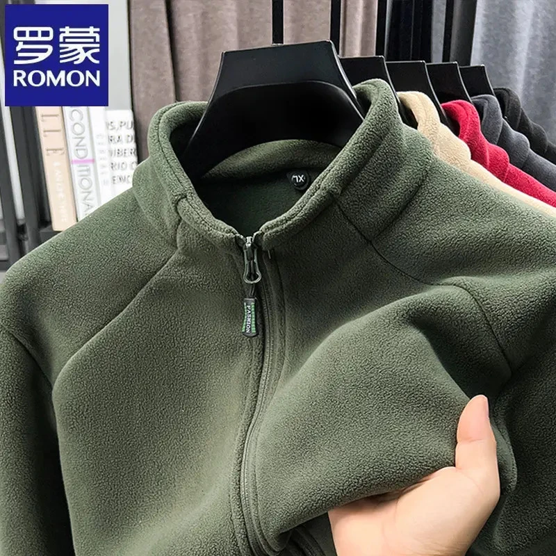 罗蒙休闲纯色摇粒绒长袖卫衣秋冬季一体绒户外男士立领抓绒衣外套