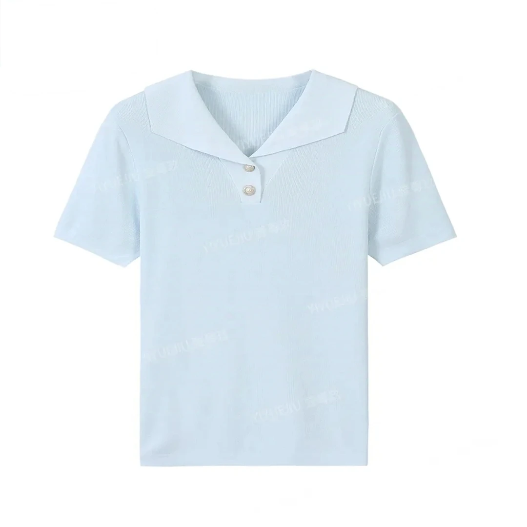 冰麻韩系夏季针织衫女百搭翻领T恤简约气质休闲设计感上衣