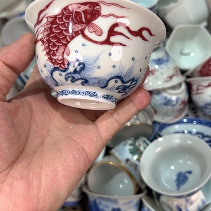 瓷片白青花釉里红鱼化龙大压手杯