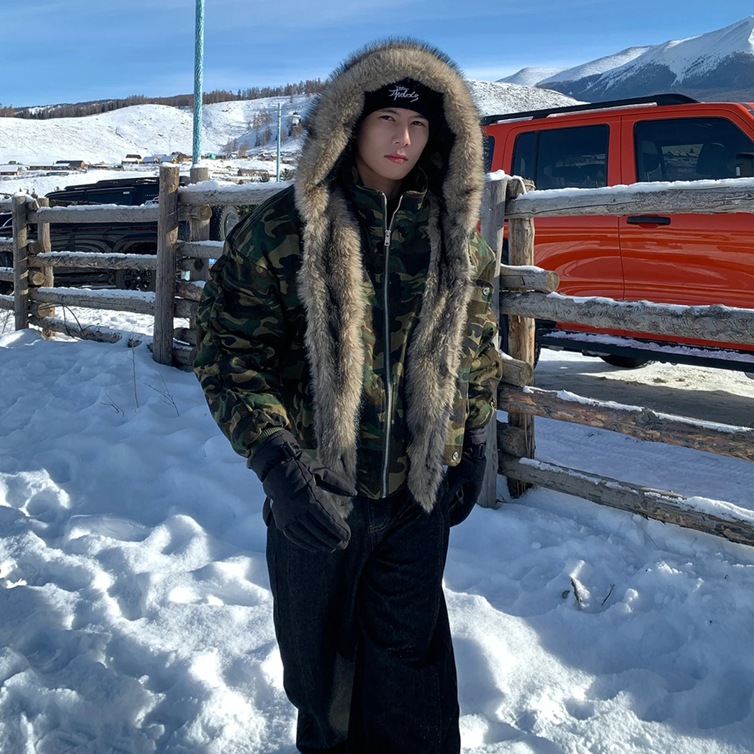 Holocene美式潮牌复古毛领假两件迷彩棉衣座山雕加厚棉服MY0221