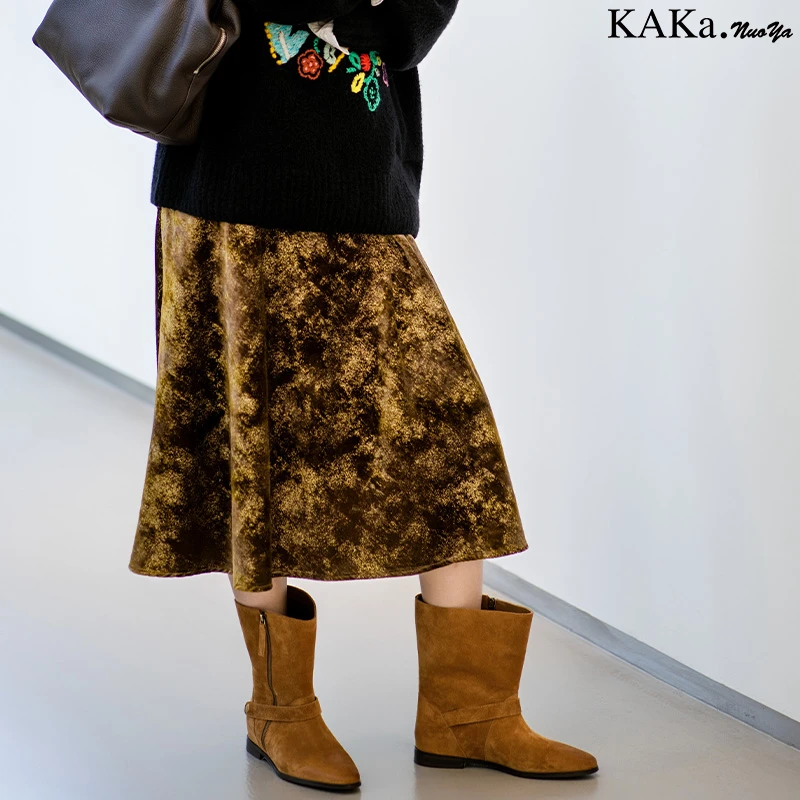 KAKA NUOYA 2463 复古尖头时尚绒感骑士靴