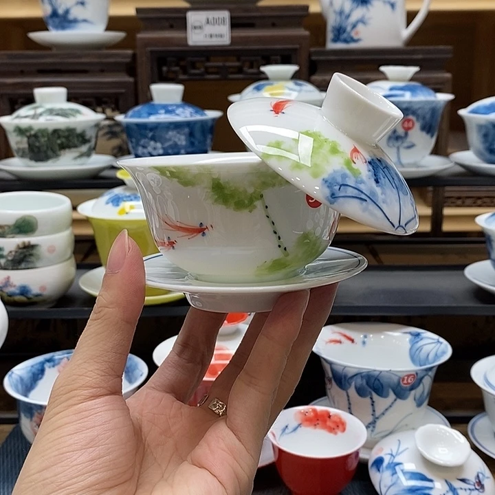 手绘五彩荷花悬停盖碗150cc釉下彩微瑕福利款