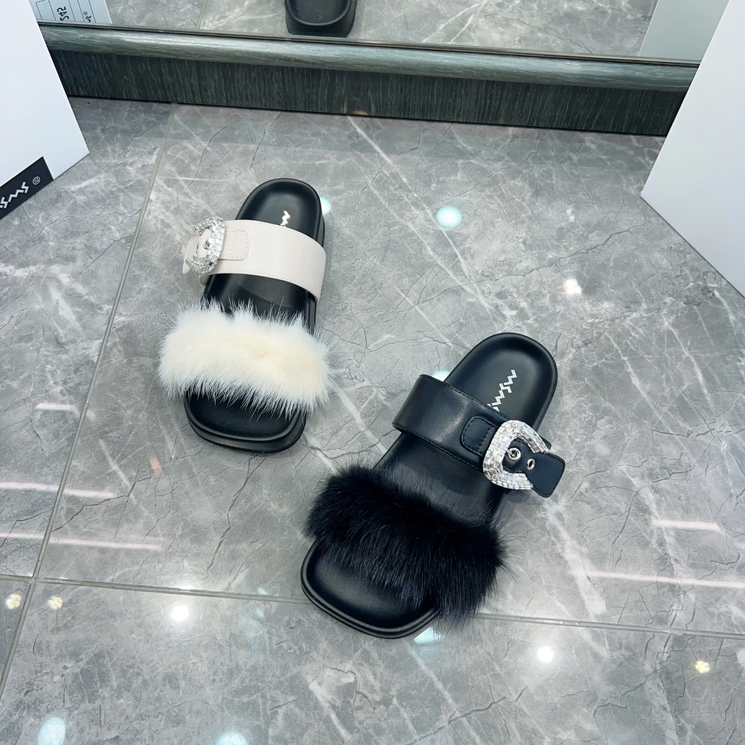 【玛莎玛索】25年夏季新款9563-6时尚百搭平底貂毛凉拖鞋