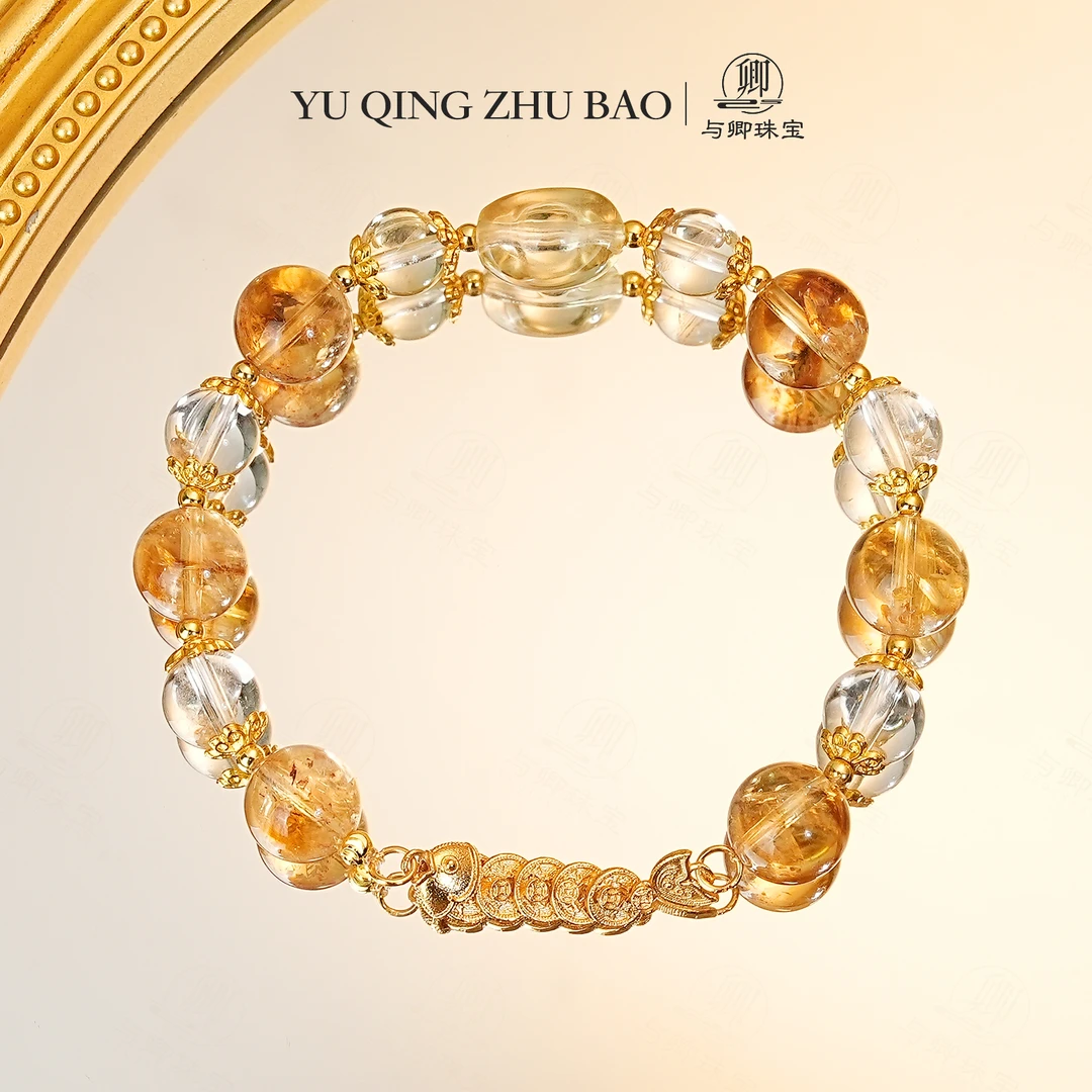 【年年有余】与卿珠宝 9m黄塔晶 8m白水晶 柠檬晶雕刻件 水晶手串