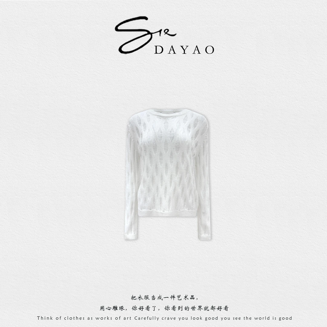 「DAYAO」常规毛针织衫长袖时尚圆领镂空针织衫针织白色WYAF259150
