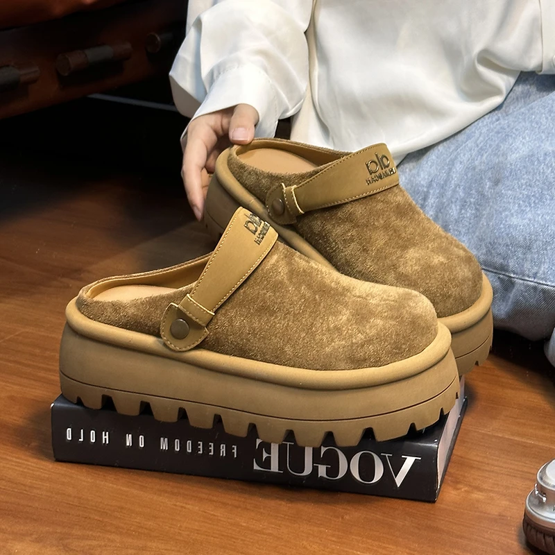 磨砂绒面大头松糕厚底勃肯鞋女外穿懒人增高包头半拖鞋复古穆勒鞋