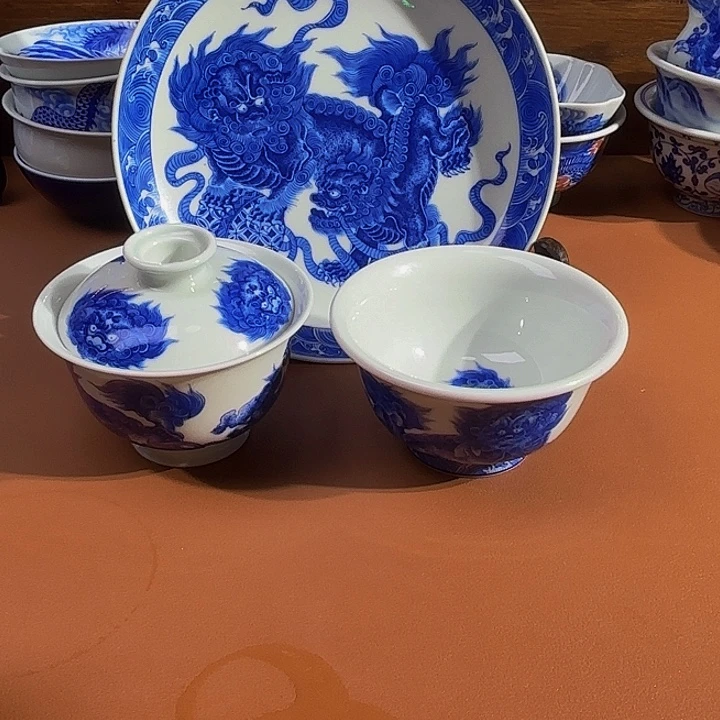 财***爷青花手工手绘狮子套装