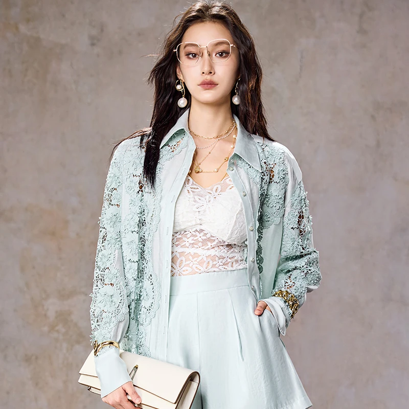 【七语专属】AUI薄荷绿设计感重工蕾丝衬衫时尚短裤两件套-2025055