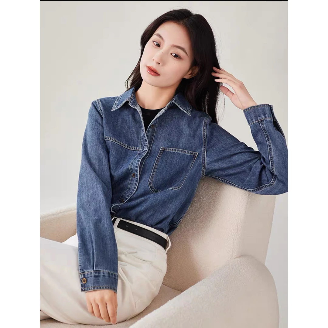 D秋季翻领宽松型衬衫长袖牛仔褂休闲女士牛仔衬衣复古显瘦时尚