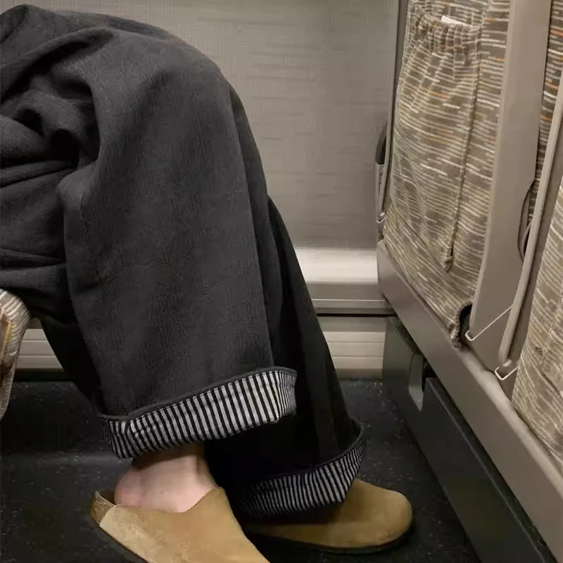 灰色加绒毛呢裤女秋冬胖妹妹宽松显瘦人字纹休闲裤卷边直筒阔腿裤