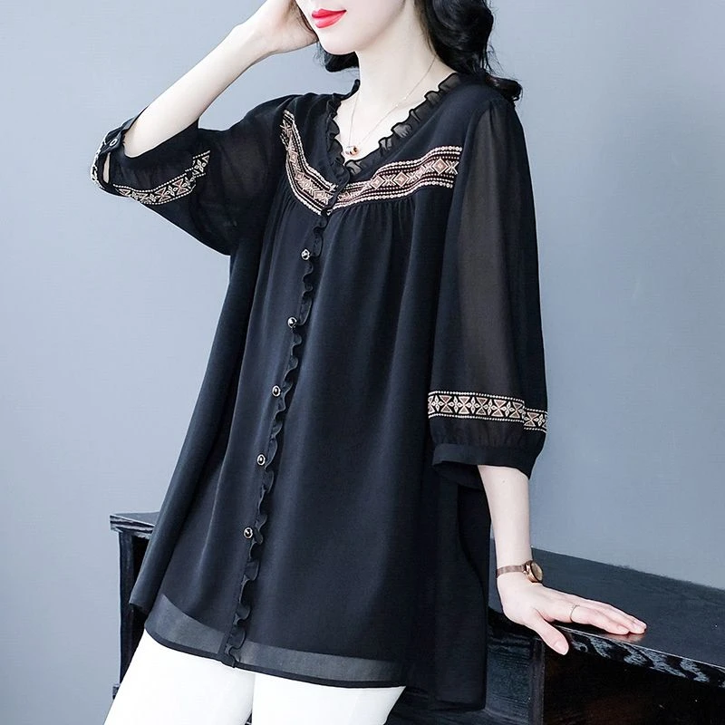 苏迷大码女装高端衬衫春夏季新款时尚木耳边中国风上衣女240603