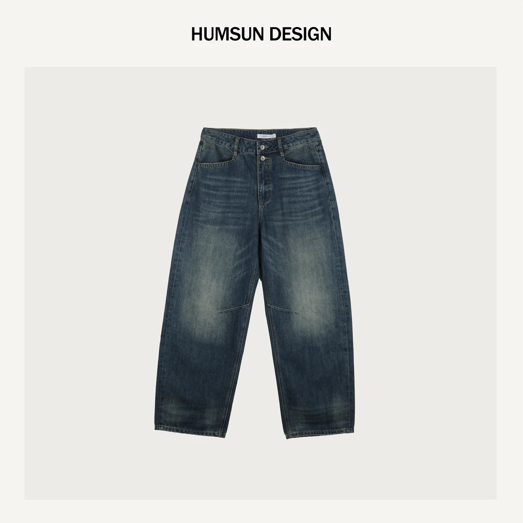 HUMSUN/禾木笙「韵化英伦」进口精棉水洗磨破立裁微弧牛仔裤 5C908