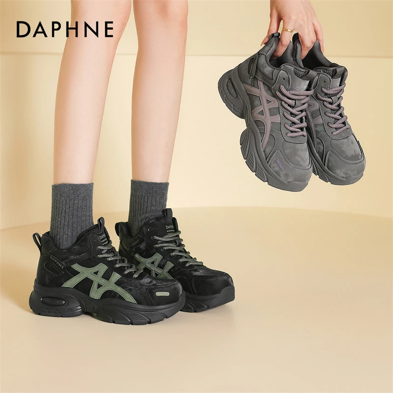 达芙妮女式秋冬时尚百搭舒适高跟厚底复古系带运动风休闲老爹鞋