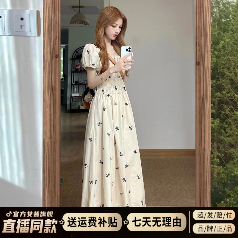 蝴蝶结碎花连衣裙女夏季2025新款小个子巨好看高级感漂亮掐腰长裙