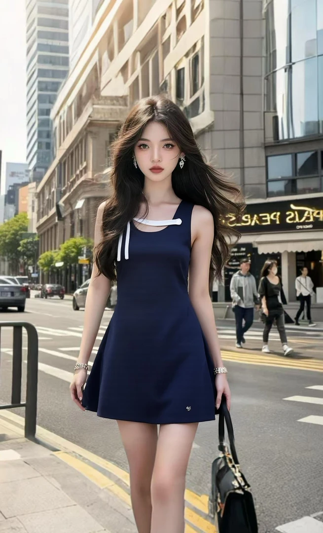 夏季新款藏青色温柔知性风U领吊带显瘦连衣裙女小众时尚气质高级