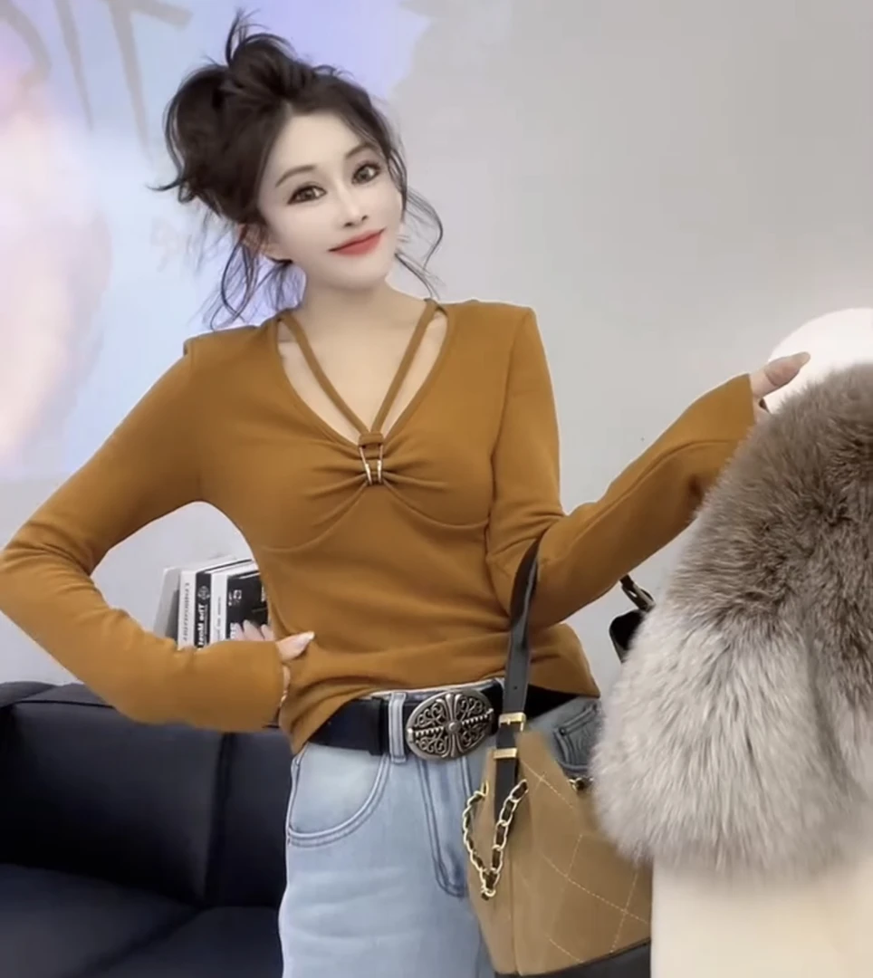 时尚洋气法式V领小衫纯欲风女磨毛长袖女打底衫修身显瘦百搭上衣