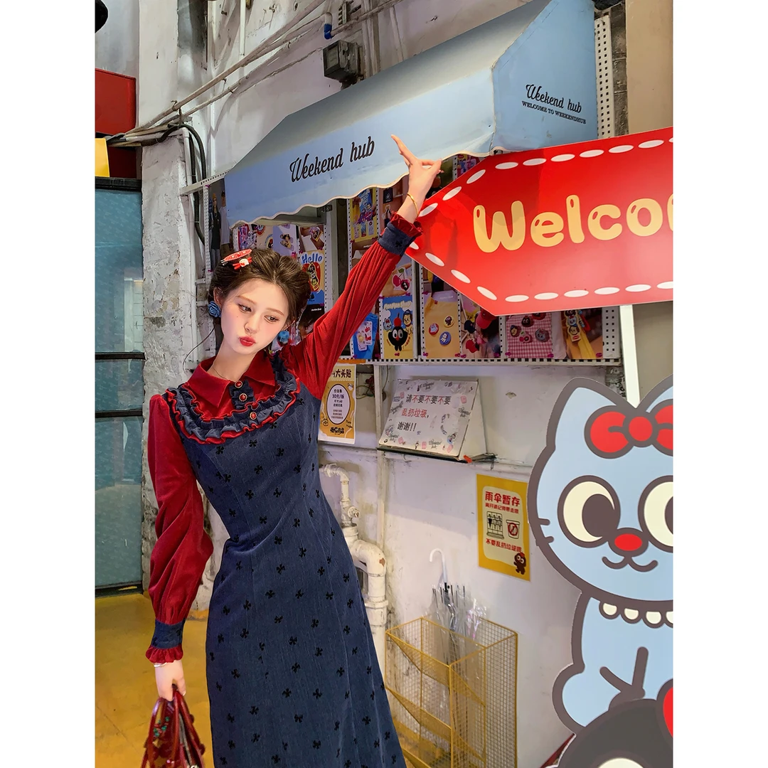 一生罗曼【甜心欧蕾】法式撞色拼接长袖连衣裙秋季显瘦长裙子L1500