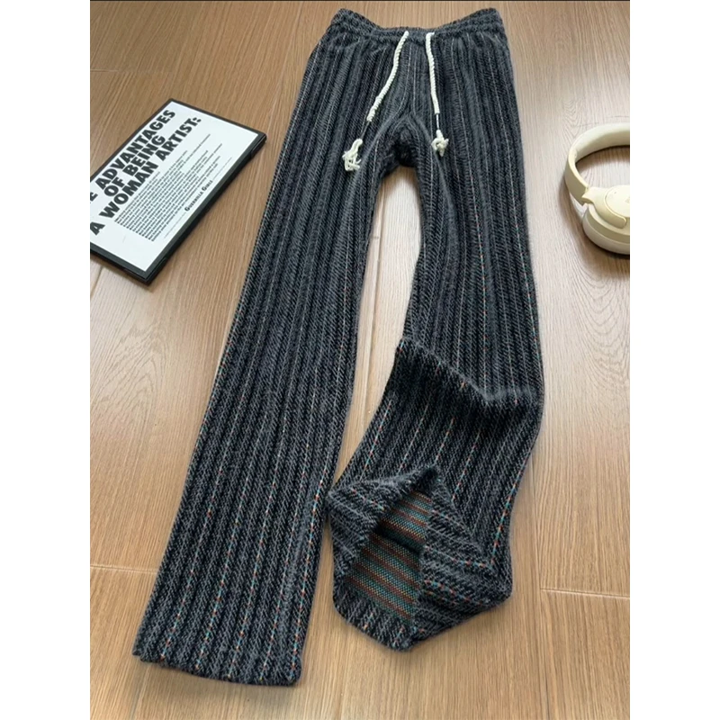 美式复古彩色条纹针织裤秋冬季男款百搭设计感直筒阔腿拖地休闲裤