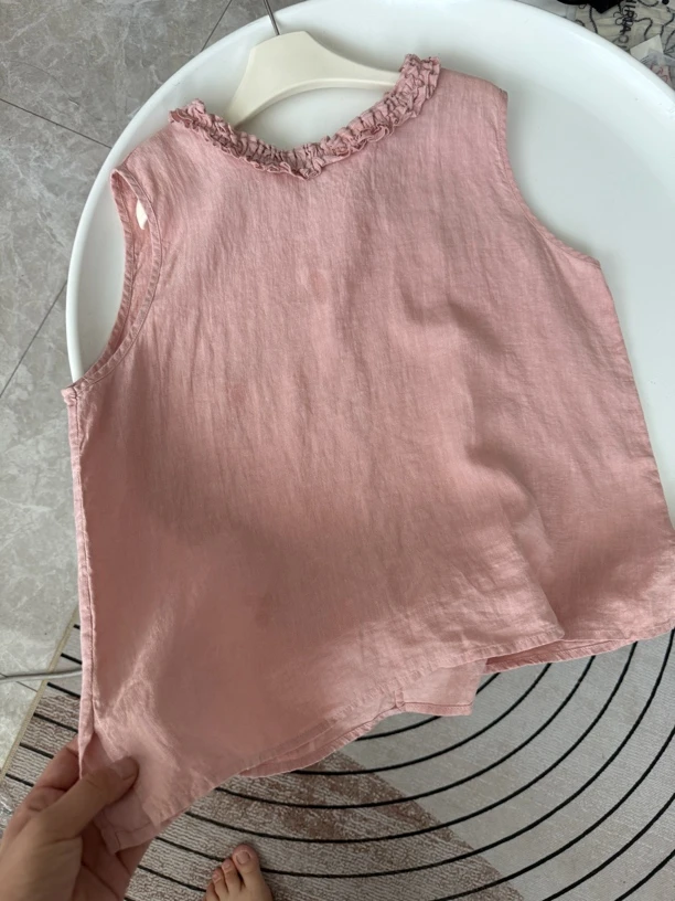 木耳边亚麻无袖设计感衬衫7601