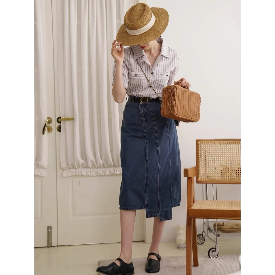 韩系休闲棉混纺牛仔布不规则牛仔裙3432