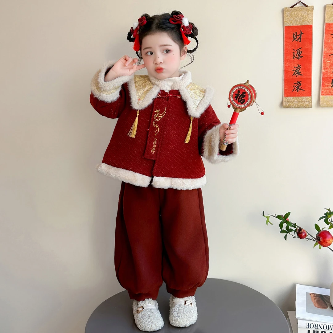 女童冬款新中式流苏唐装套装冬季宝宝加厚拜年服儿童红色国风冬装
