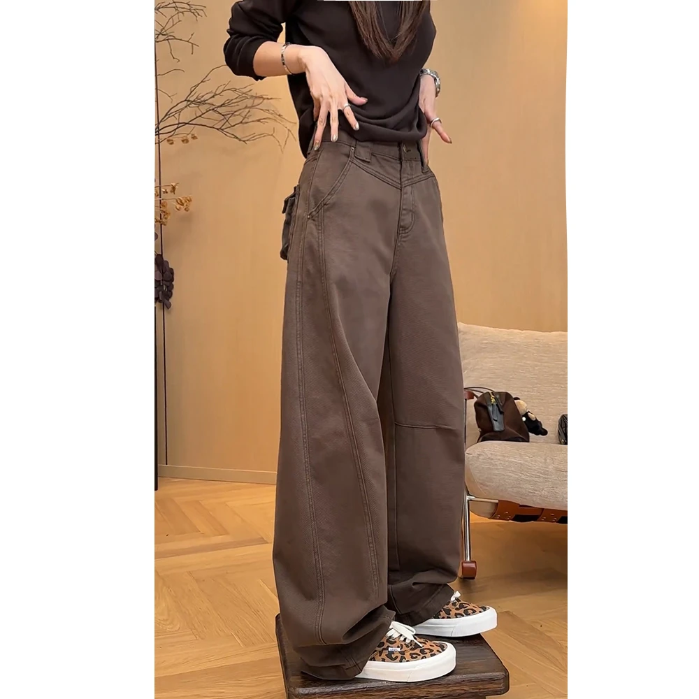 2025秋季工装牛仔裤窄版阔腿裤女款爆款宽松大码微胖遮肉显瘦长裤