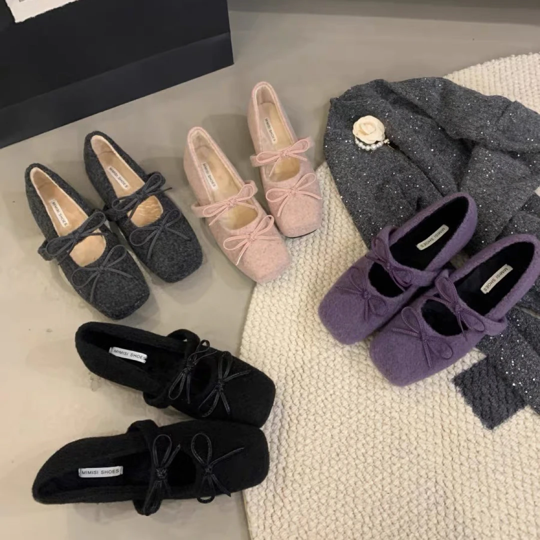 titing温柔紫欧尼！呢子方头蝴蝶结玛丽珍鞋女秋加绒内增高单鞋