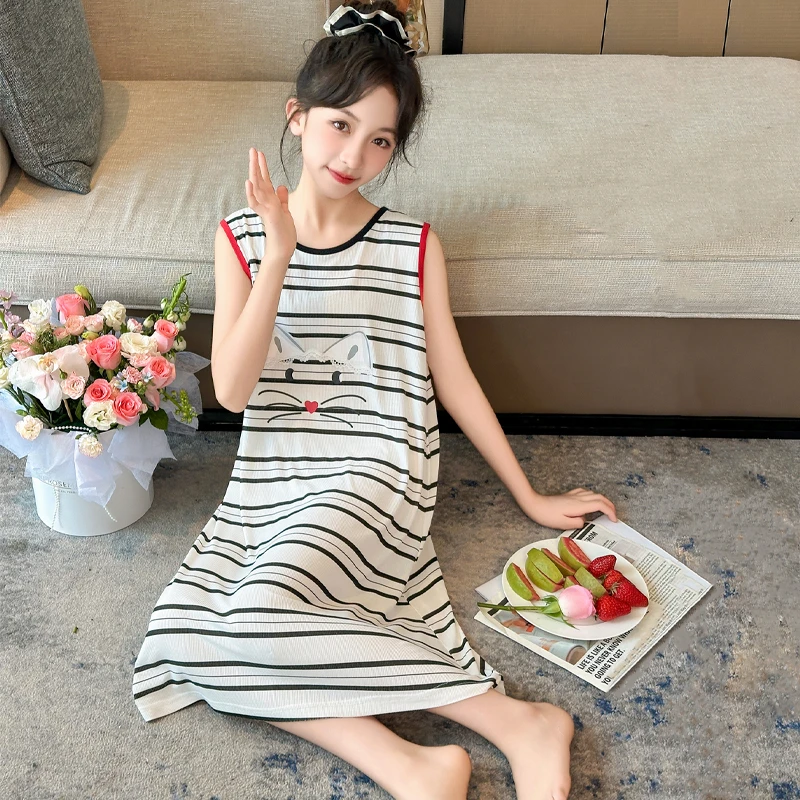 女童无袖睡裙夏季优可丝薄款莫代尔短袖睡衣儿童女孩中大童家居裙