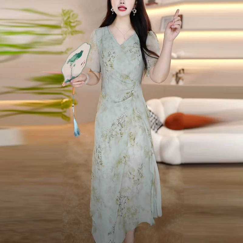 芙蓉丝品质女装2025夏季新款时尚法式碎花优雅温婉知性风连衣裙子