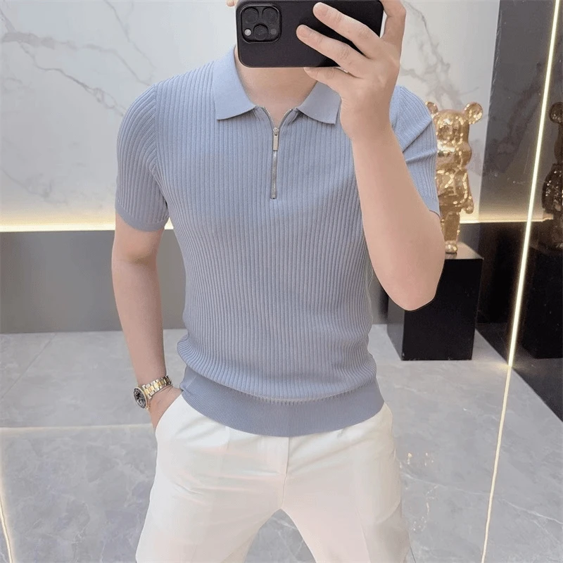 2025欧货轻奢男士针织冰丝短袖T恤夏季POLO衫纯色暗纹百搭上衣潮