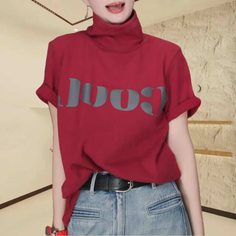 短袖T恤款字母T恤2025春夏季新款半高领显瘦百搭修身印花网红洋气