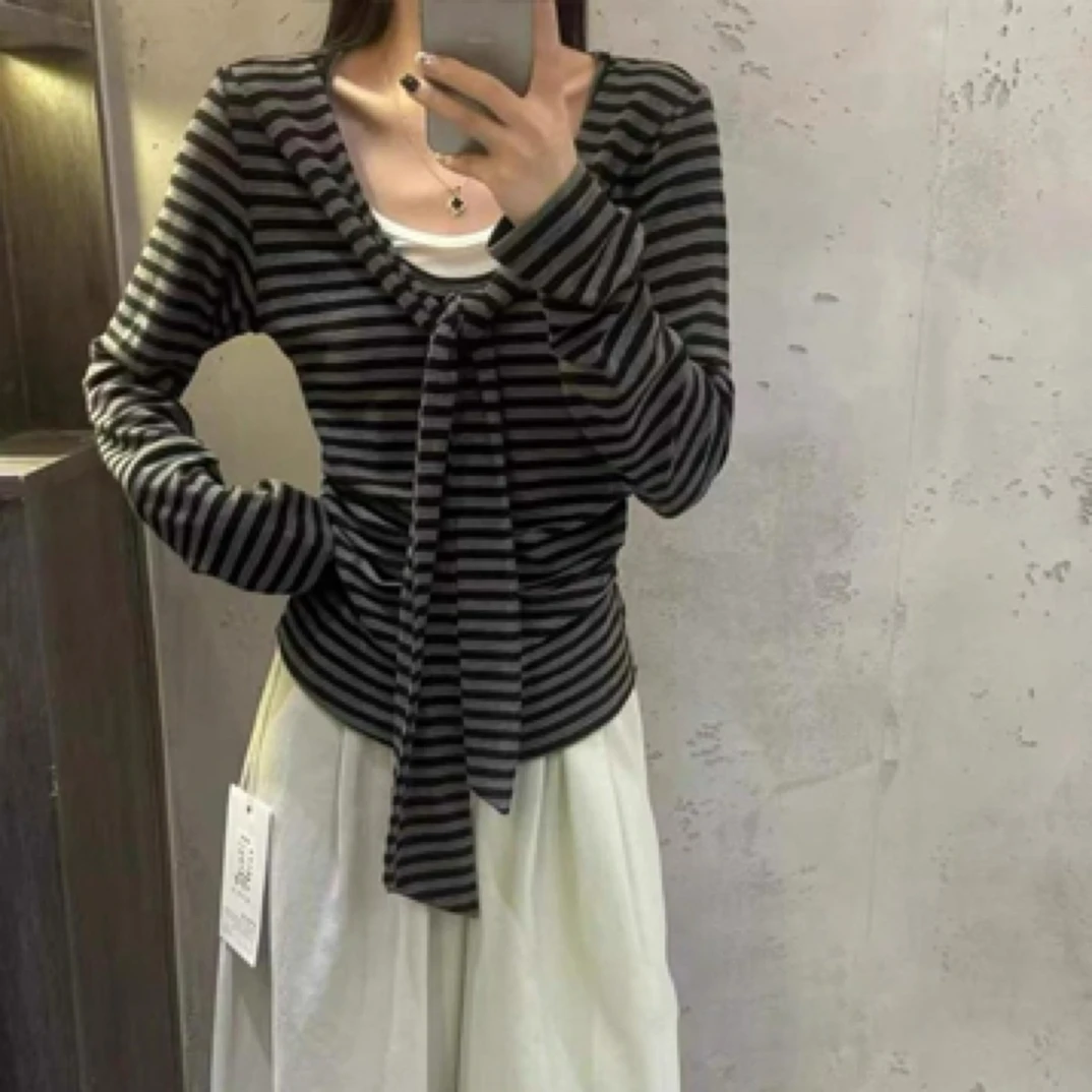 新款V84韩系条纹长袖显瘦百搭打底衫上衣（以直播间实物为主）