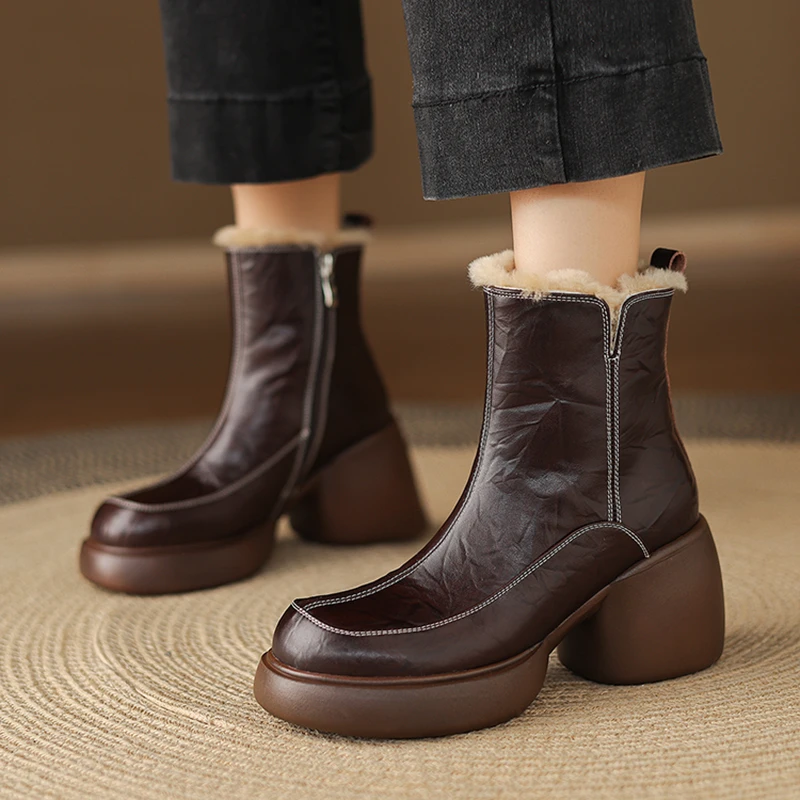 【8cm/牛皮】2025冬季新款真皮保暖防滑雪地靴短靴D7037