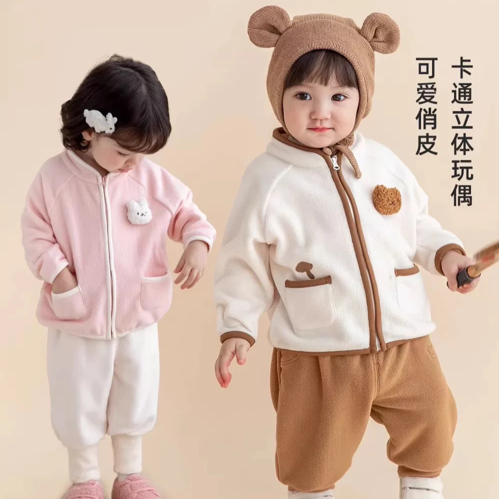 秋冬宝宝分体套装儿童加绒加厚卡通套装婴儿冬季俏皮可爱保暖衣服