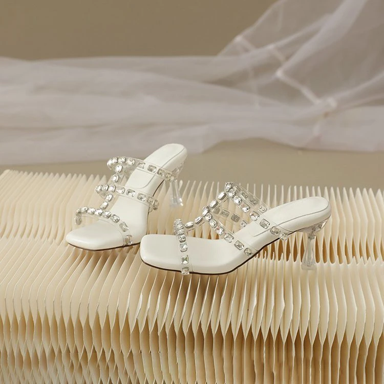 踩屎感凉拖鞋女夏外穿粗跟水钻一字带高跟凉鞋女黑色高跟鞋女夏季