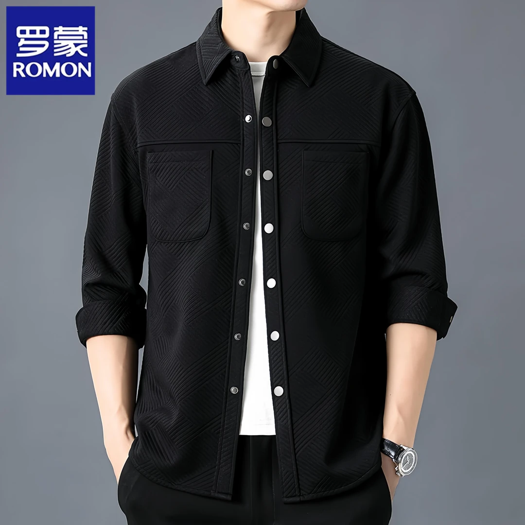 罗蒙长袖衬衫男士翻领夹克秋季新款宽松上衣休闲工装百搭衬衣外套