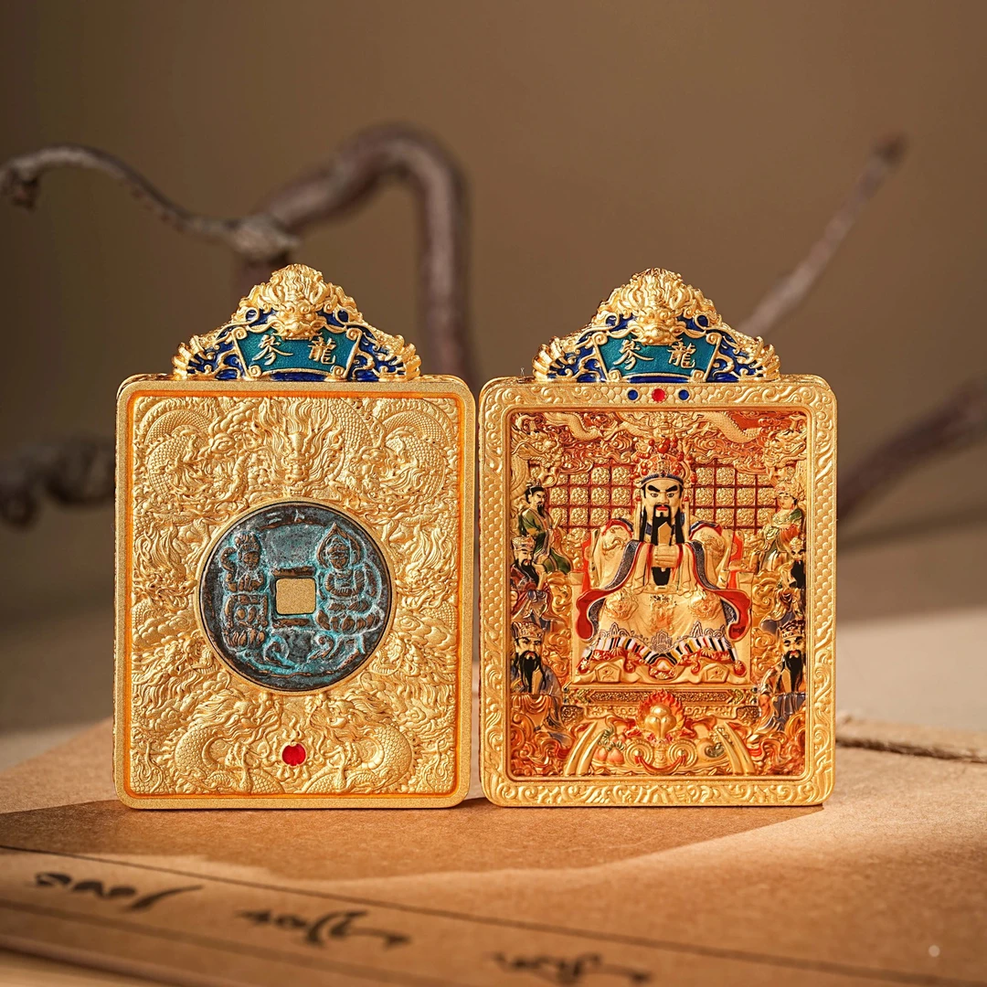 铜吊坠 带证书五台龙参五爷双面唐卡金色吊坠招财男士项链女礼物