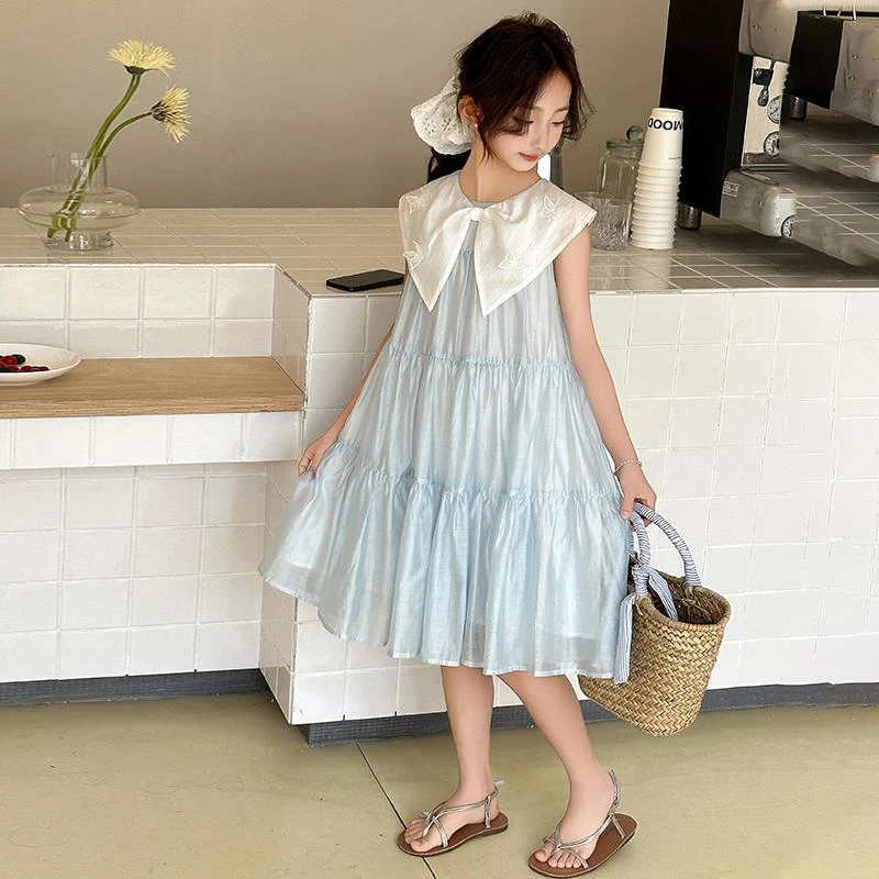 女.童连衣裙夏装2025新款洋气中大童超好看蝴蝶结绣花翻领公主裙