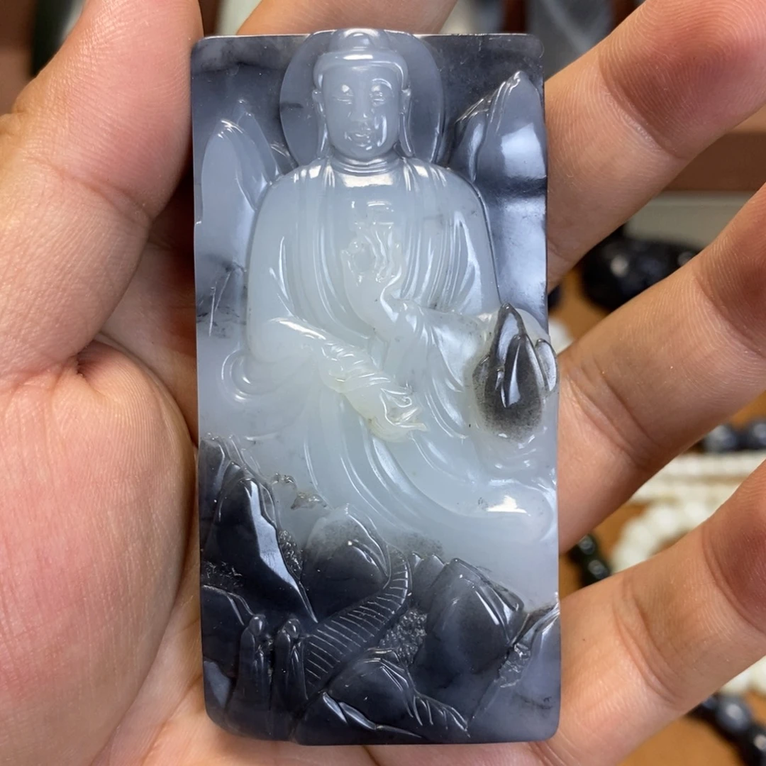 未镶嵌和田玉把件新疆和田玉青花黑白大日如来手把件