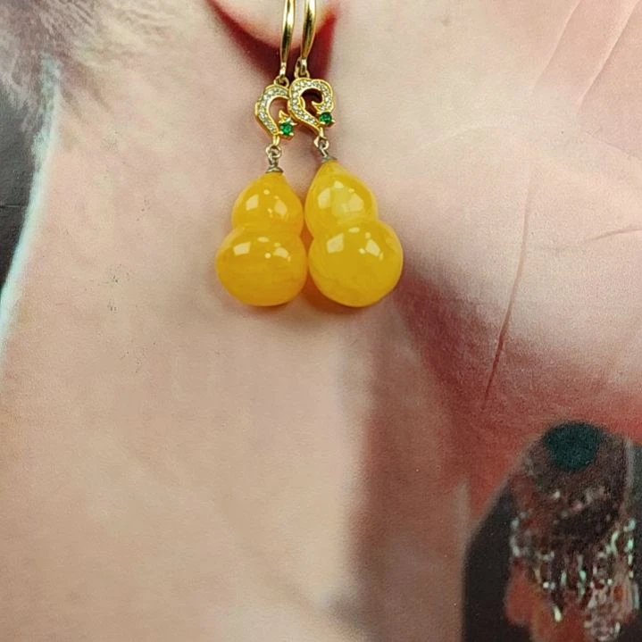 琥珀耳饰银S925镀金镶嵌