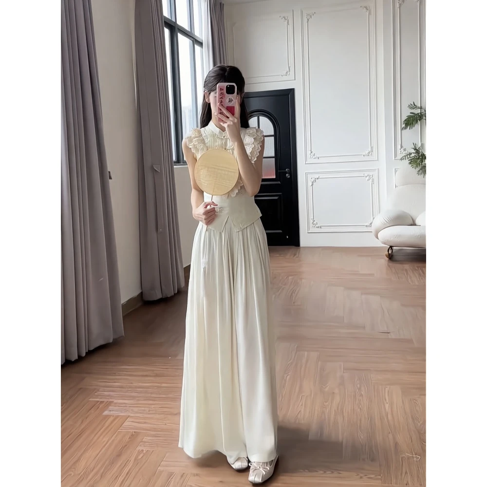 夏季修身显瘦新中式国风刺绣盘扣绣花蕾丝上衣拼接开叉阔腿裤套装