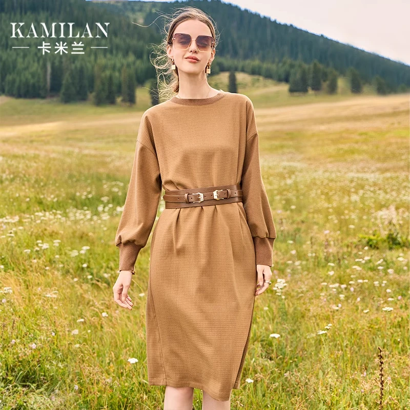 卡米兰法式气质高腰针织连衣裙女2023秋季新款中长款系带A字裙
