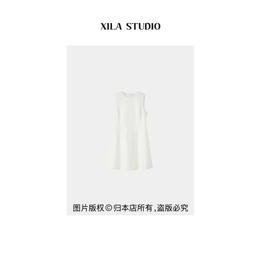 【XILA】进口洗水棉高腰修身X型收腰连衣裙白色