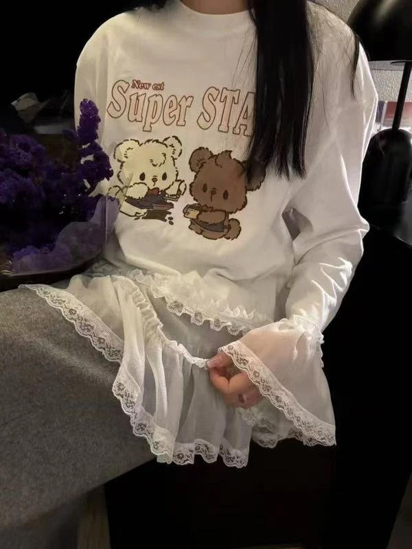 【 雨•美 推荐 】98556舒适百搭小熊蕾丝T上衣