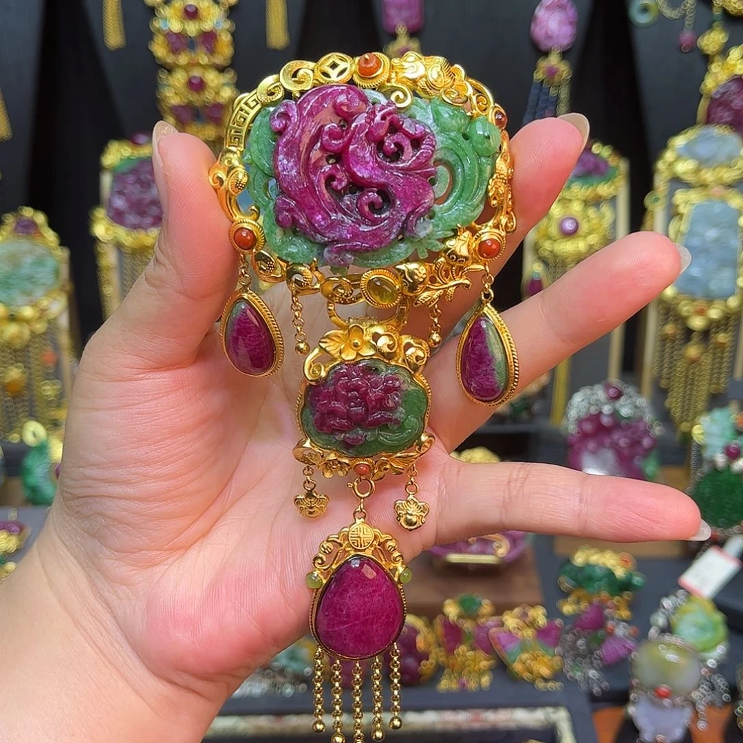 银S925镀金镶嵌吊坠(不含链)红宝石红绿宝吊坠