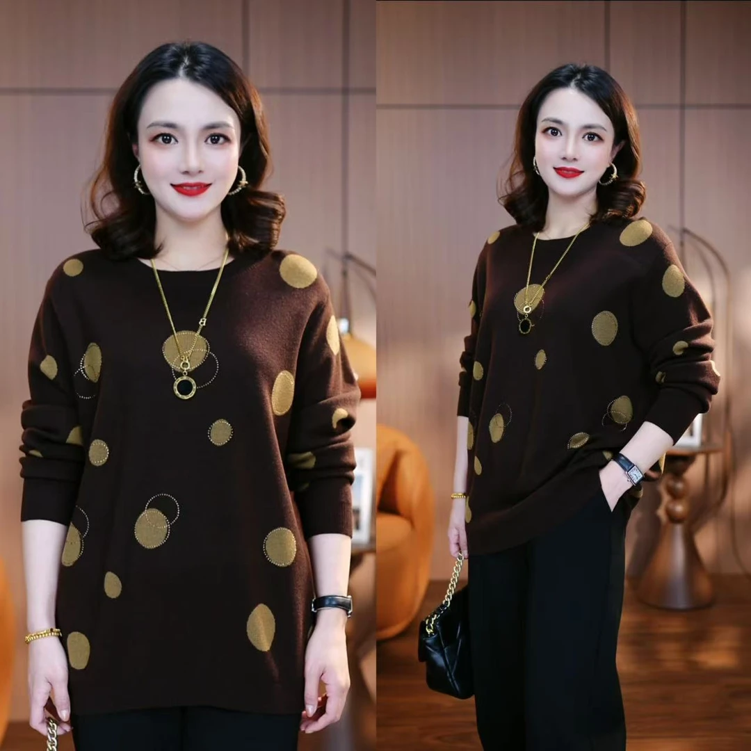 棕金圆舞-2025新款针织衫毛衣洋气女百搭冬季显瘦保暖宽松中老年