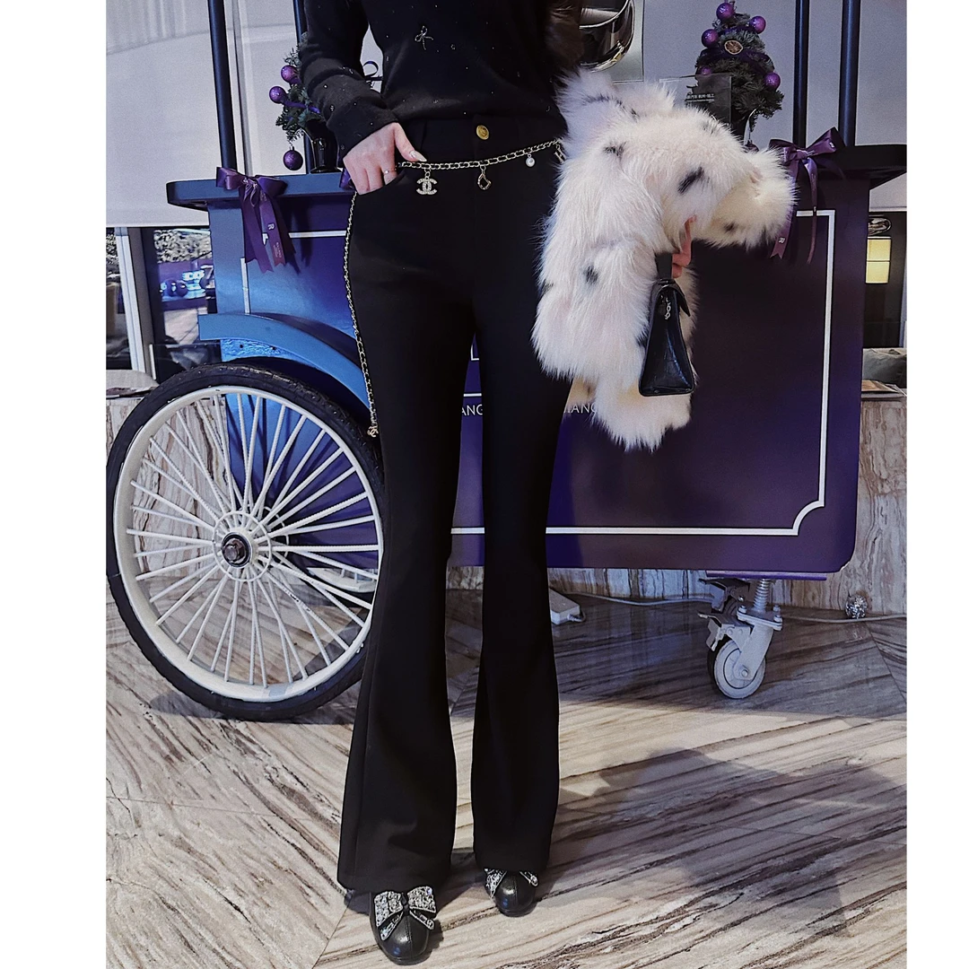 【微喇女神】双C链条装饰高腰修身显瘦微喇裤XS40709